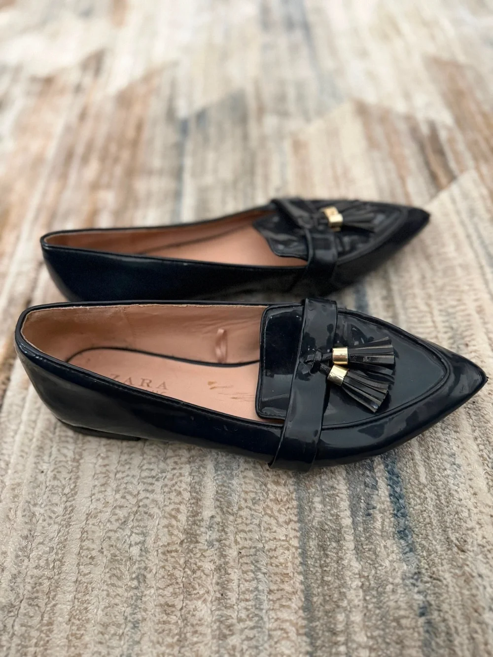 Zara Black Patent Pointed Tassel Loafers